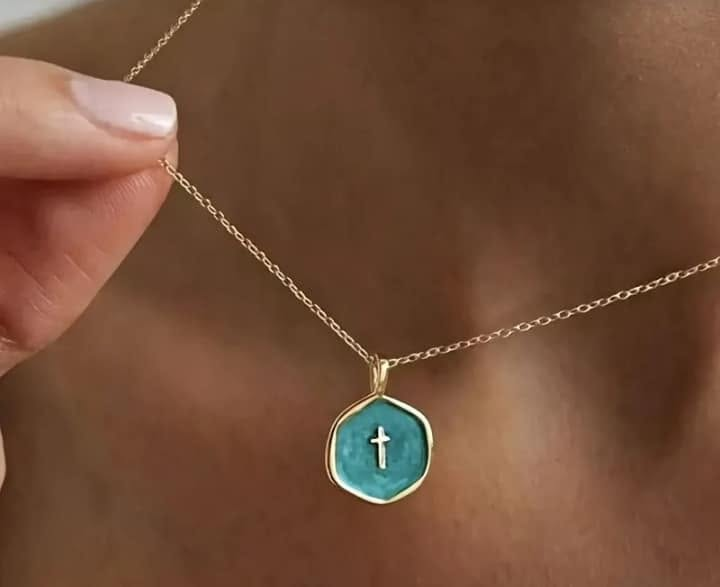 Gold-tone teal cross faith necklace