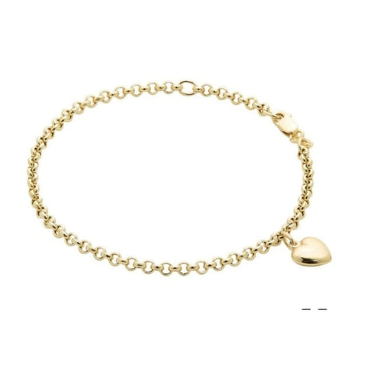 9KT YG Hollow Rolo Belcher Bracelet with Heart Charm