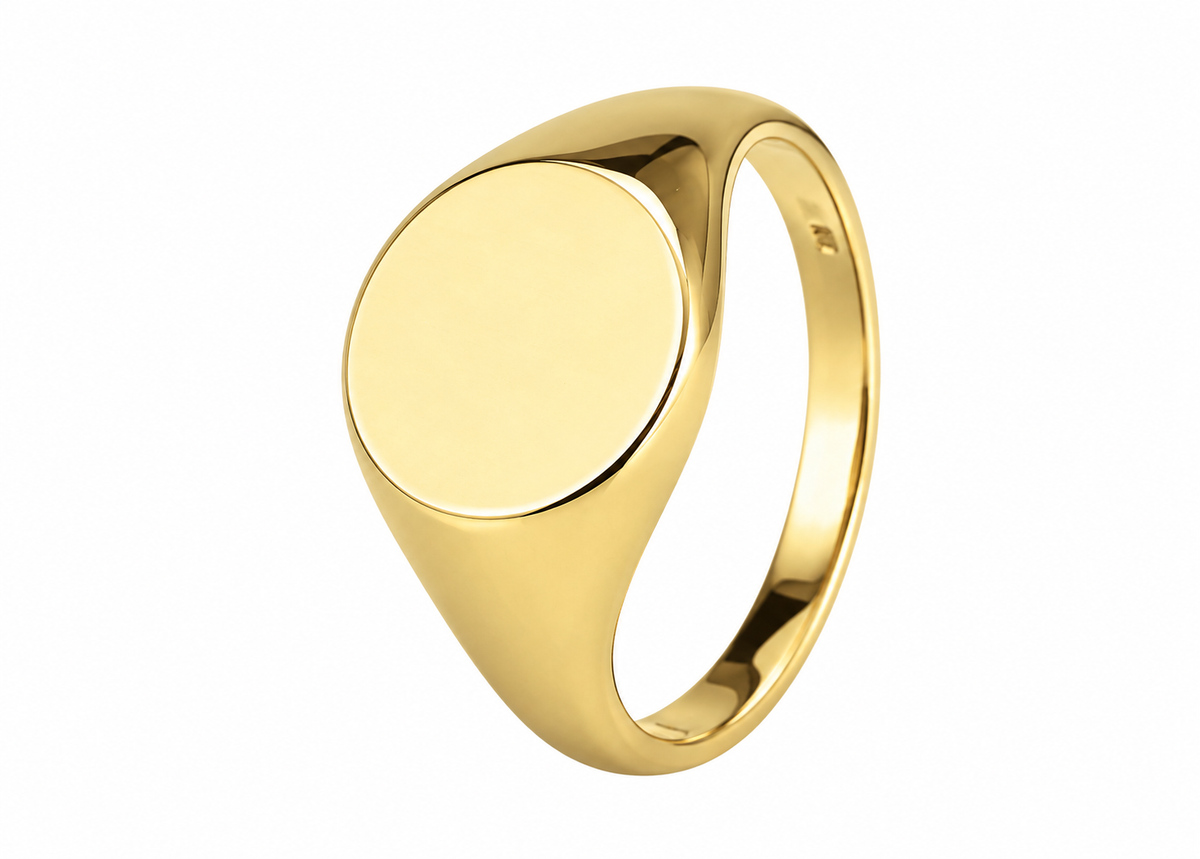 9K yellow gold round signet ring with 9mm face, size M