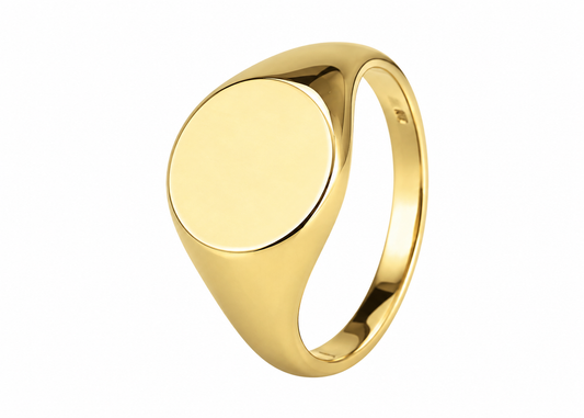 9K yellow gold round signet ring with 9mm face, size M