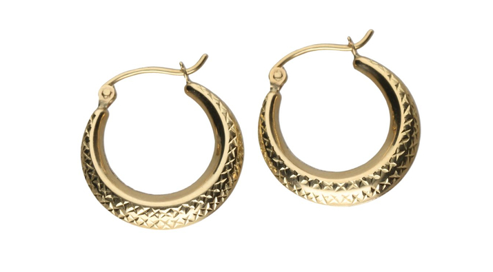 9K yellow gold textured hoop earrings