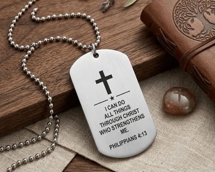 Silver-tone Philippians 4:13 faith dog tag necklace