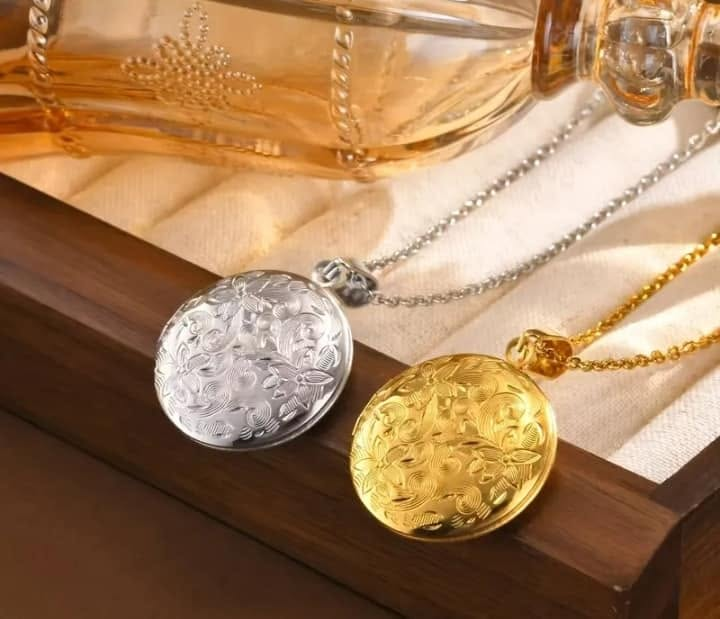 Silver-tone round floral locket necklace