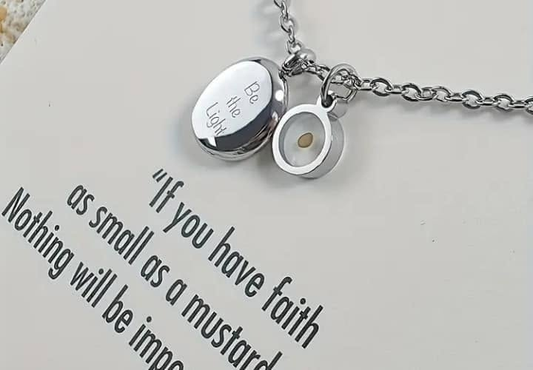 Silver-tone mustard seed Be the Light faith necklace